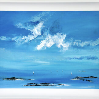 An original seascape painting with cyan, ultramarine and cerulean blues, highlighted with white clouds. Gives a sense of distance and calm.